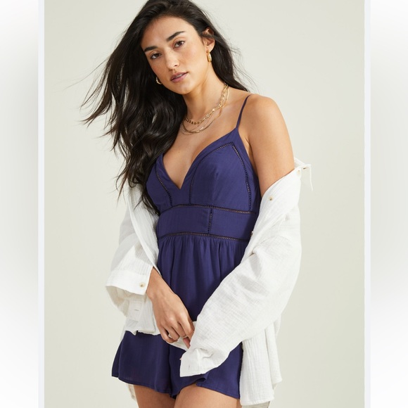 Altar'd State Pants - Marin Crochet Navy Romper by Altar’d State Size Medium NWT